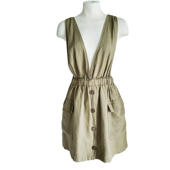 ZARA Rustic Pinafore Dress Overall Jumper Linen Blend Light Olive Green Size S - Picture 3 of 16